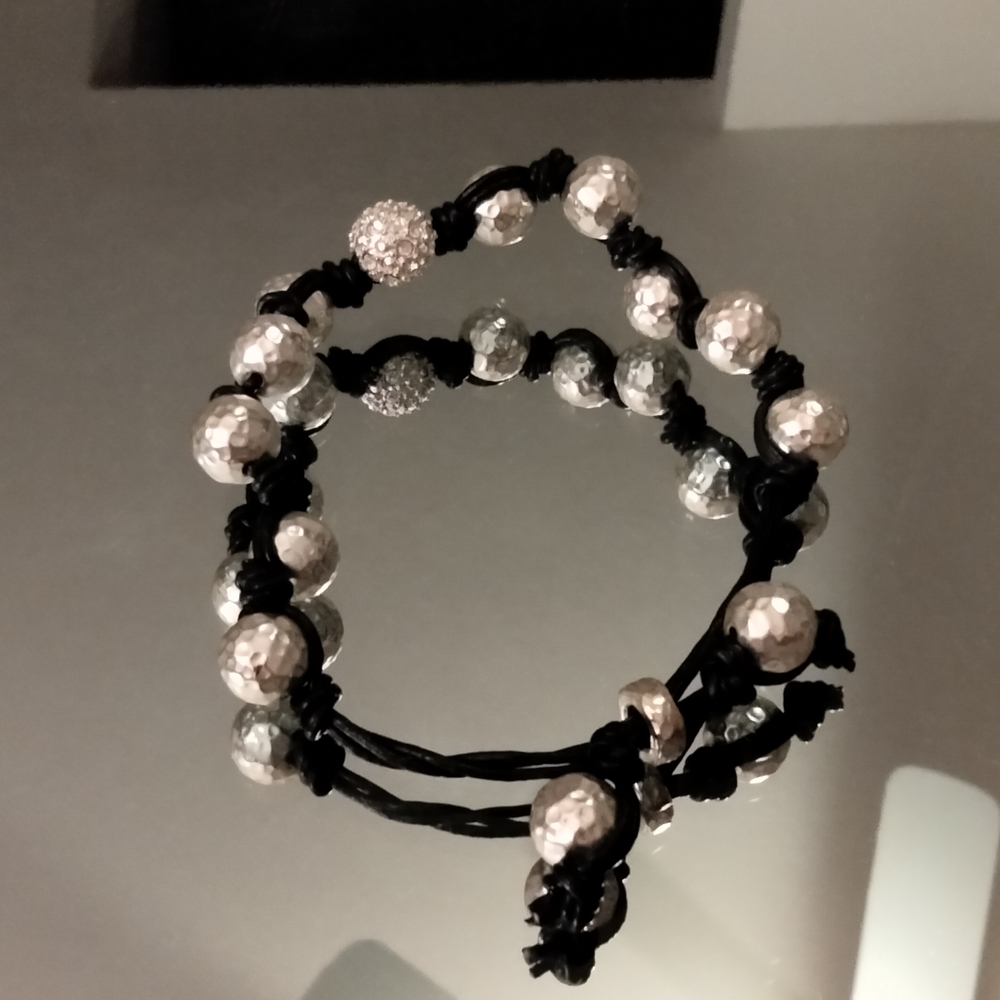 Silver Hammered Bead Bracelet On Black Leather Cord Y2k vintage - Picture 8 of 14